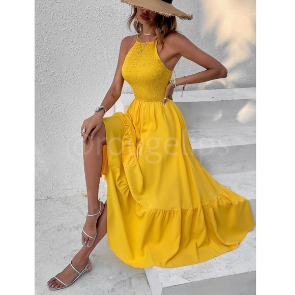 Shirred Cami Yellow Flared Maxi Long Dress Asymmetrical Hem - Picture 5 of 14